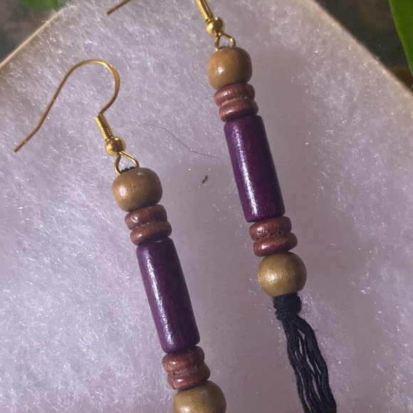 Purple theme Hand Crafted Macrame Tassel Fringe Earrings Wood Beaded Accents - Picture 7 of 11